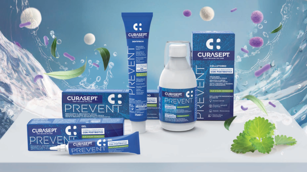 Curasept Prevent združuje izbrane sestavine, kot so postbiotiki in probiotiki PBTech®, ozonirano oljčno olje, kolostrum, olje čajevca, ksilitol, stevia in PVP-VA.